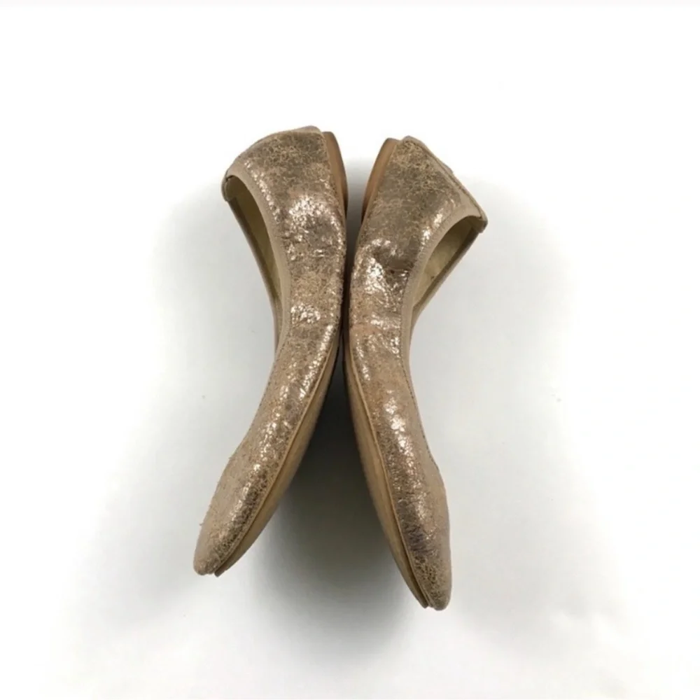 STUART WEITZMAN FRISKY CRACKLED NATURAL KID PENNY BALLET FLATS METALLIC …